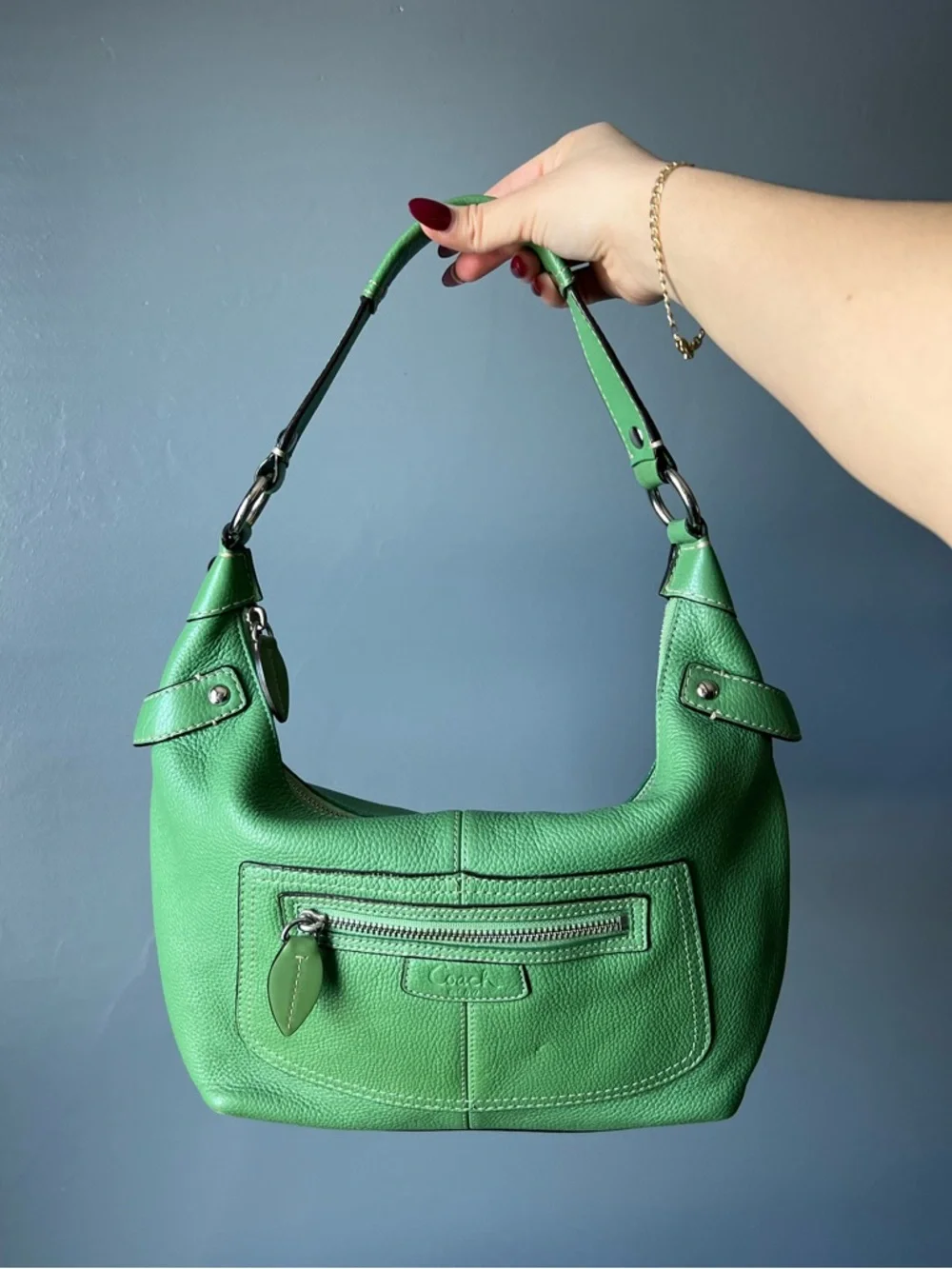 Coach Green Pebbled Leather Shoulder Bag with Silver Hardware - Picture 1 of 5
